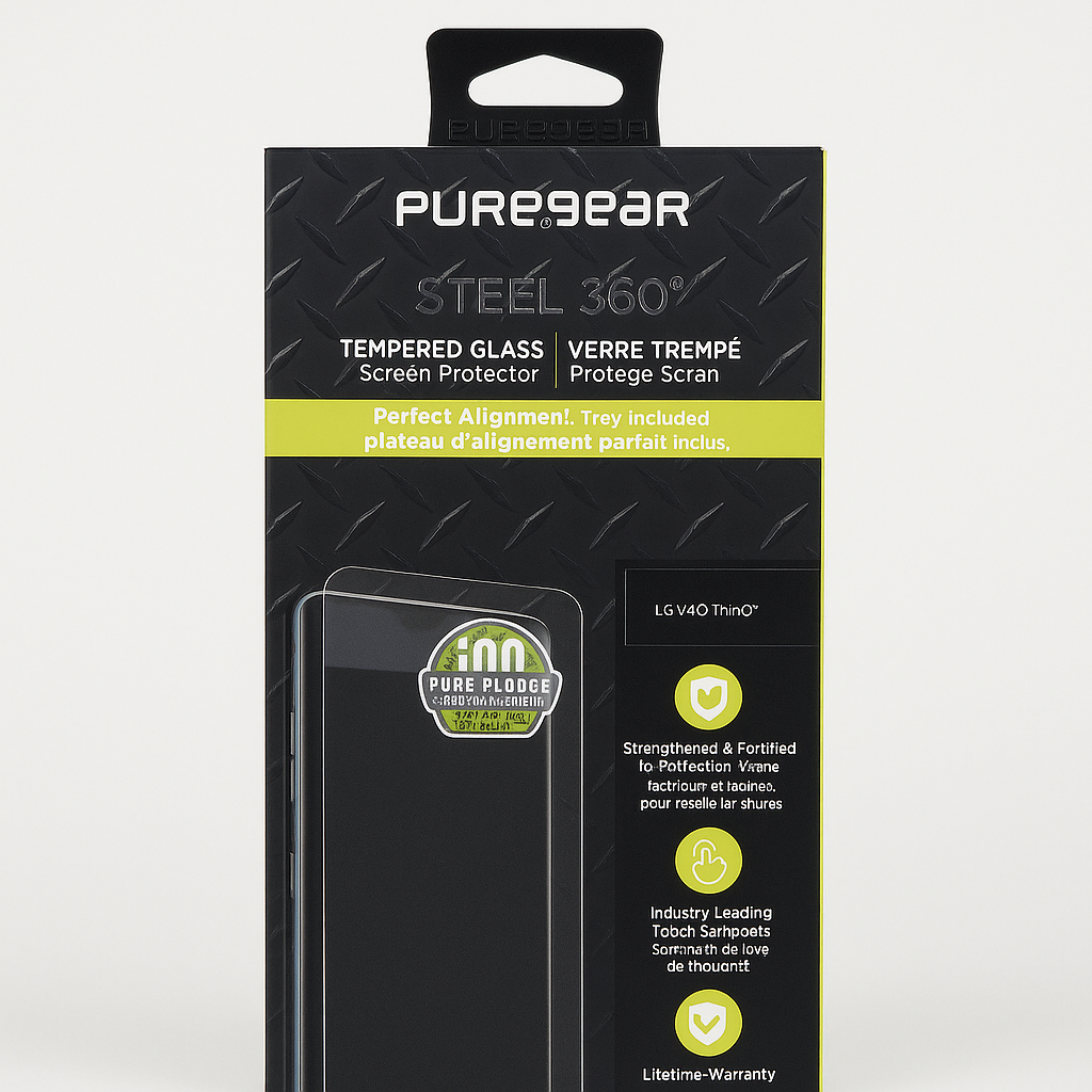 Puregear Steel 360 Tempered Glass Screen Protector For Lg V40 Thinq W/Easy Install Alignment Tray + Pure Pledge Program ($100 Reimbursement Toward The Repair Of Broken Screen Guarantee)