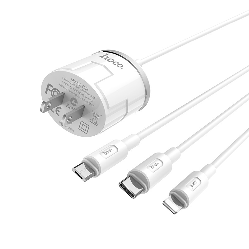 HOCO PREMIUM PRODUCT C38 DUAL PORT CHARGER SET/ 2.4 A- 2USB + 3IN1 CABLE