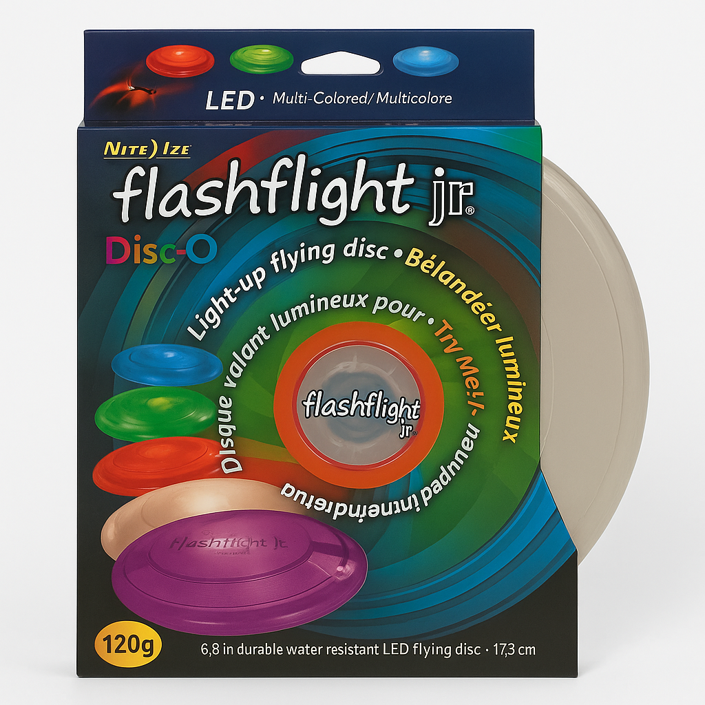 Nite Ize Flashflight Jr. Light Up Flying Disc For Kids, 120g Smaller Disc For Children, Color-Changing Disc-O Led Disc For Nighttime Play