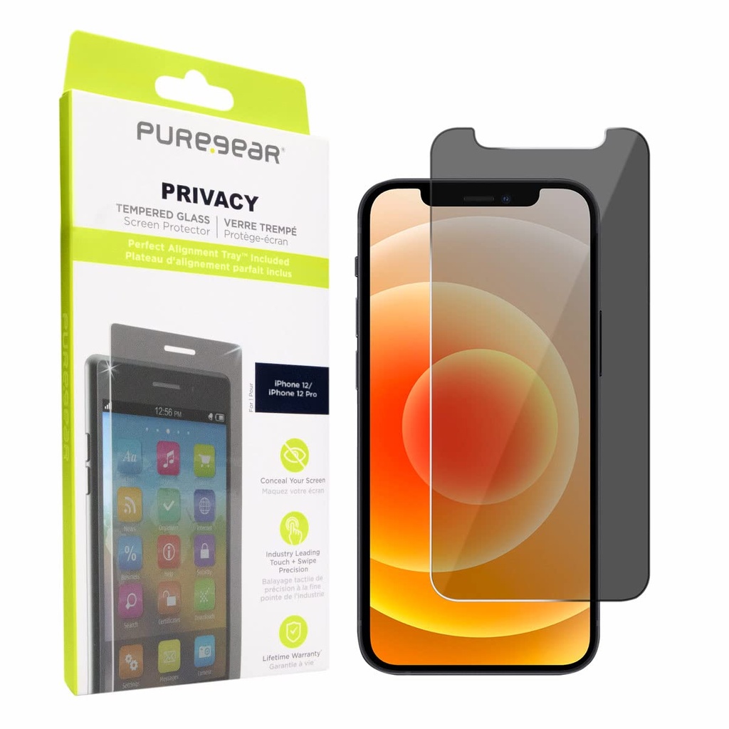 Puregear 2-Way Privacy Tempered Glass Screen Protector Compatible W/ Apple Iphone 12 / 12 Pro 6.1" (2020), Self Alignment Installation Tray, Touch Sensitive, Case Friendly, Anti-Fingerprint Coating, Lifetime Replacement, Protect Your Privacy Conceal Your Screen