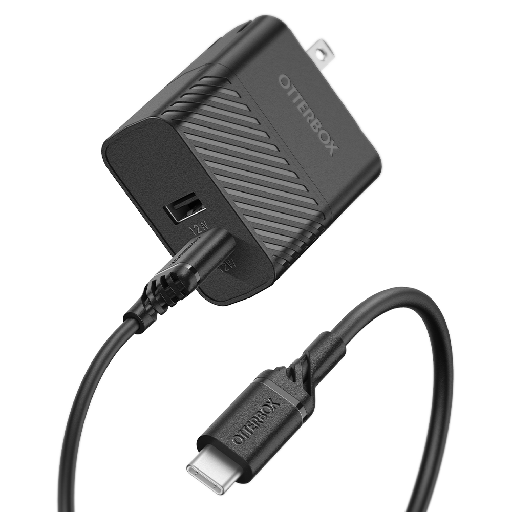 Otterbox - Dual Usb 12w Premium Wall Charger With Usb-C Cable 4ft Black