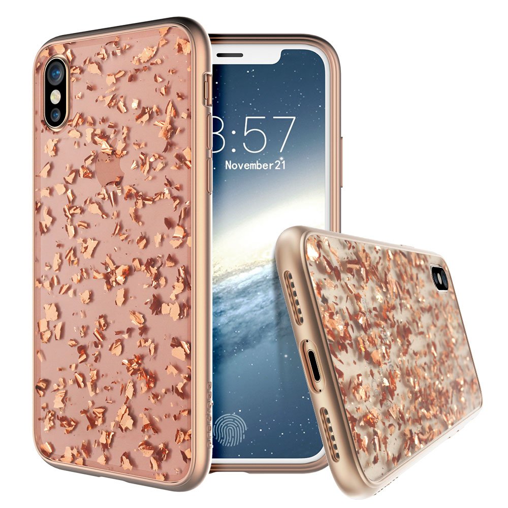 Apple Iphone X (2017) Iphone Xs (2018) Case - Rose Gold | Treasure Series | Transparent Sparkling Glitter Flakes | 2 Meters Military Grade Drop Tested | Scratch Resistant | Shockproof - 5.8 Inch