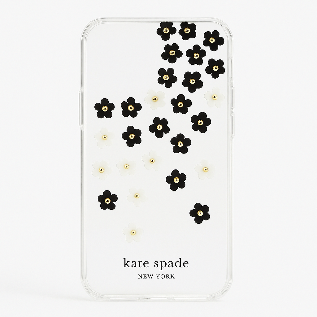 Kate Spade New York Protective Hardshell Case For Iphone 12 Mini - Scattered Flowers Black/White/Gold Gems/Clear/White Bumper