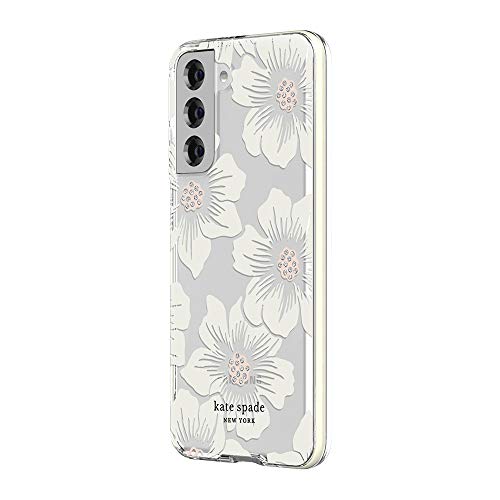 KATE SPADE NEW YORK DEFENSIVE HARDSHELL CASE COMPATIBLE WITH SAMSUNG GALAXY S21 5G - HOLLYHOCK FLORAL CLEAR/CREAM WITH STONES/CREAM BUMPER