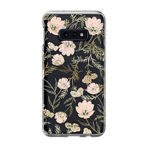 Kate Spade New York Phone Case | For Samsung Galaxy S10e | Protective Clear Crystal Hardshell Phone Cases With Slim Floral Design And Drop Protection - Blossom Pink/Gold With Gems