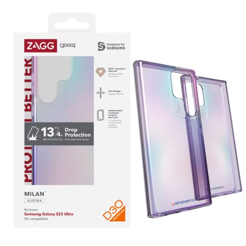 ZAGG GEAR4 MILAN SAMSUNG GALAXY S23 ULTRA PHONE CASE (AURORA), D30 DROP PROTECTION UP TO 13FT / 4M, WRKS WITH WIRELESS CHARGING SYSTEMS, LIGHTWEIGHT AND TRANSPARENT WITH EDGE-TO-EDGE PROTECTION