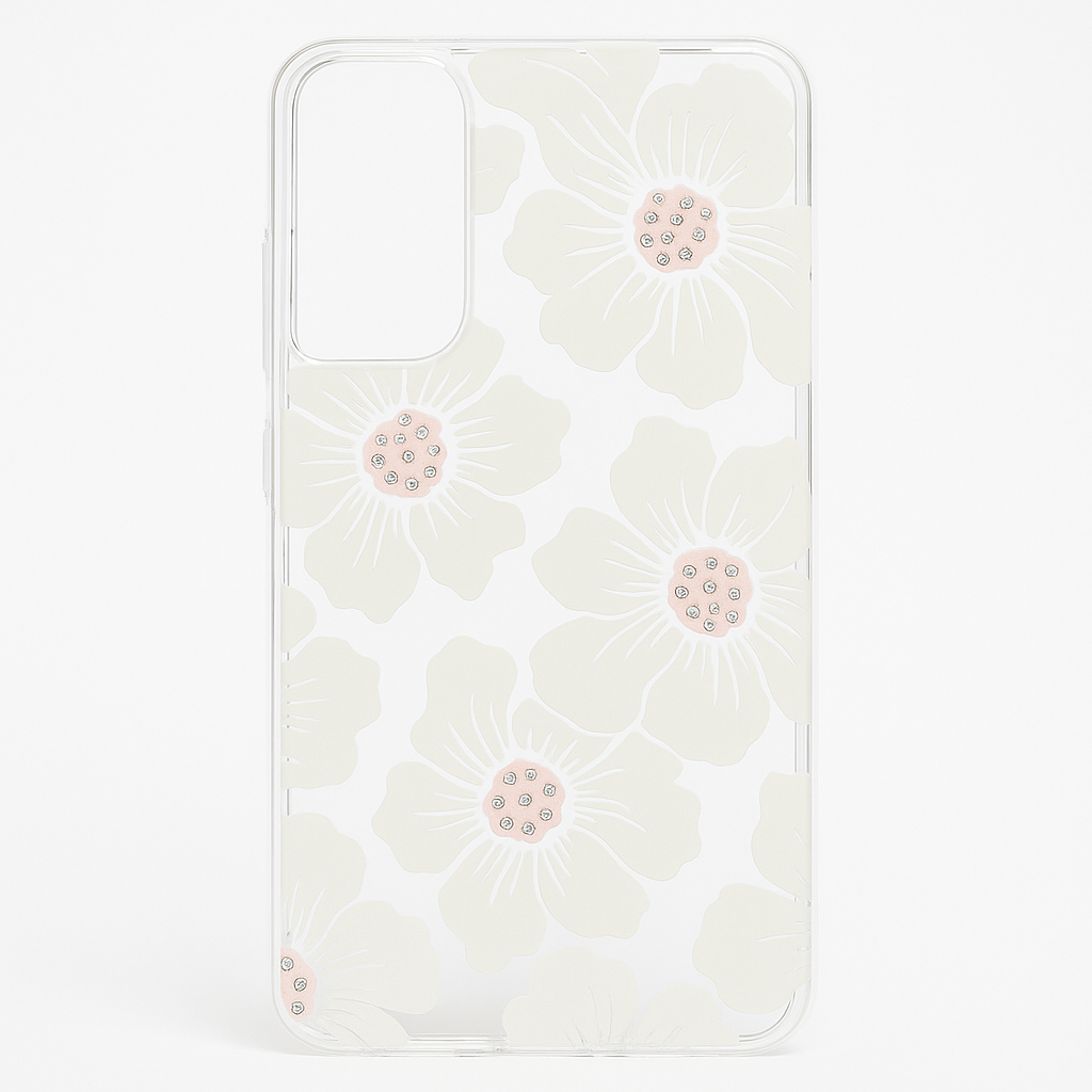 Kate Spade New York Defensive Hardshell Case For Samsung Galaxy S22+ (Plus) - Hollyhock Floral Clear/Cream With Stones/Cream Bumper