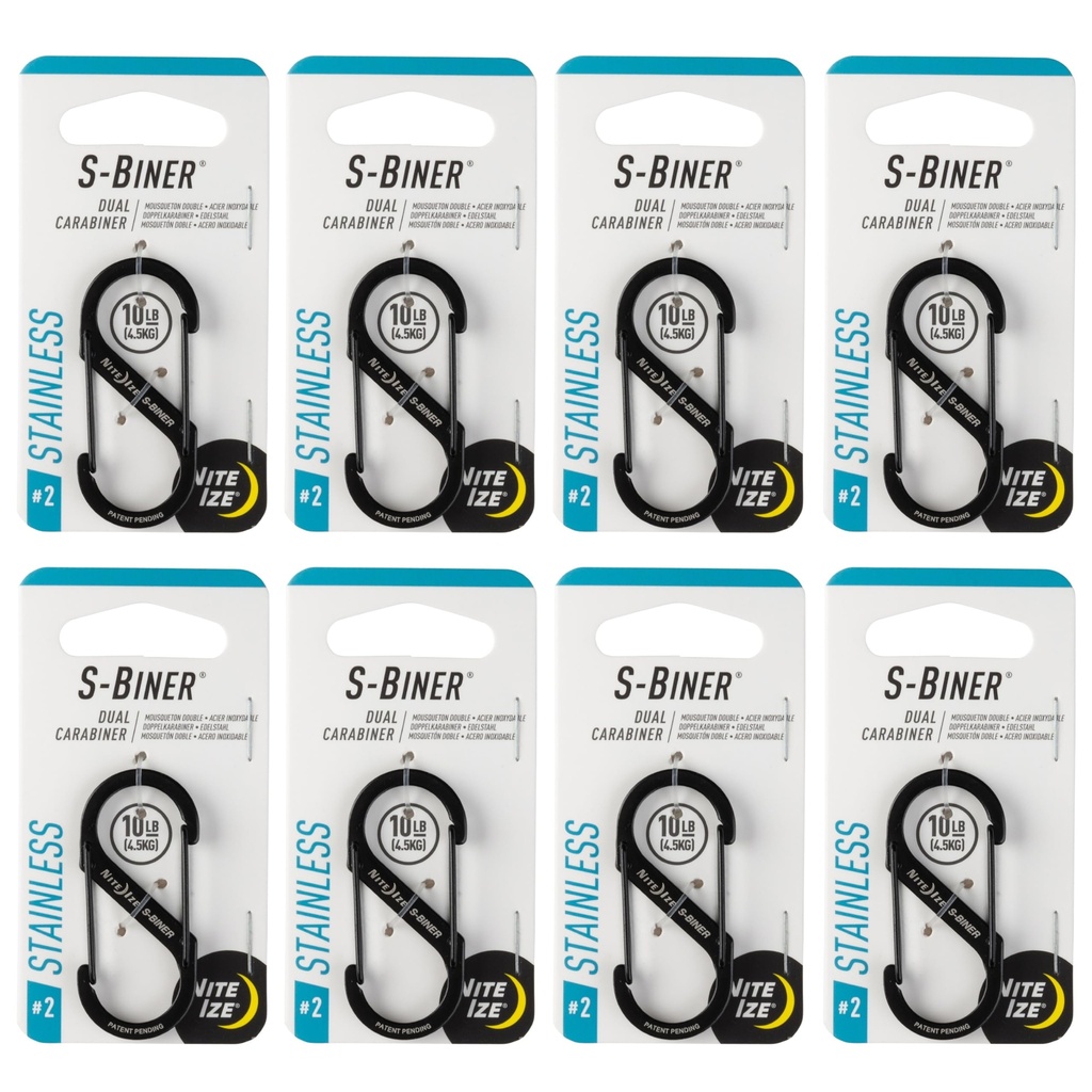 Nite Ize S-Biner Stainless Steel Dual Carabiner - Multi Purpose Dual Carabiner Clip - Great for Camping Supplies & Hiking Essentials - Secure Key Holder - Size 2, Black (8 Pack)