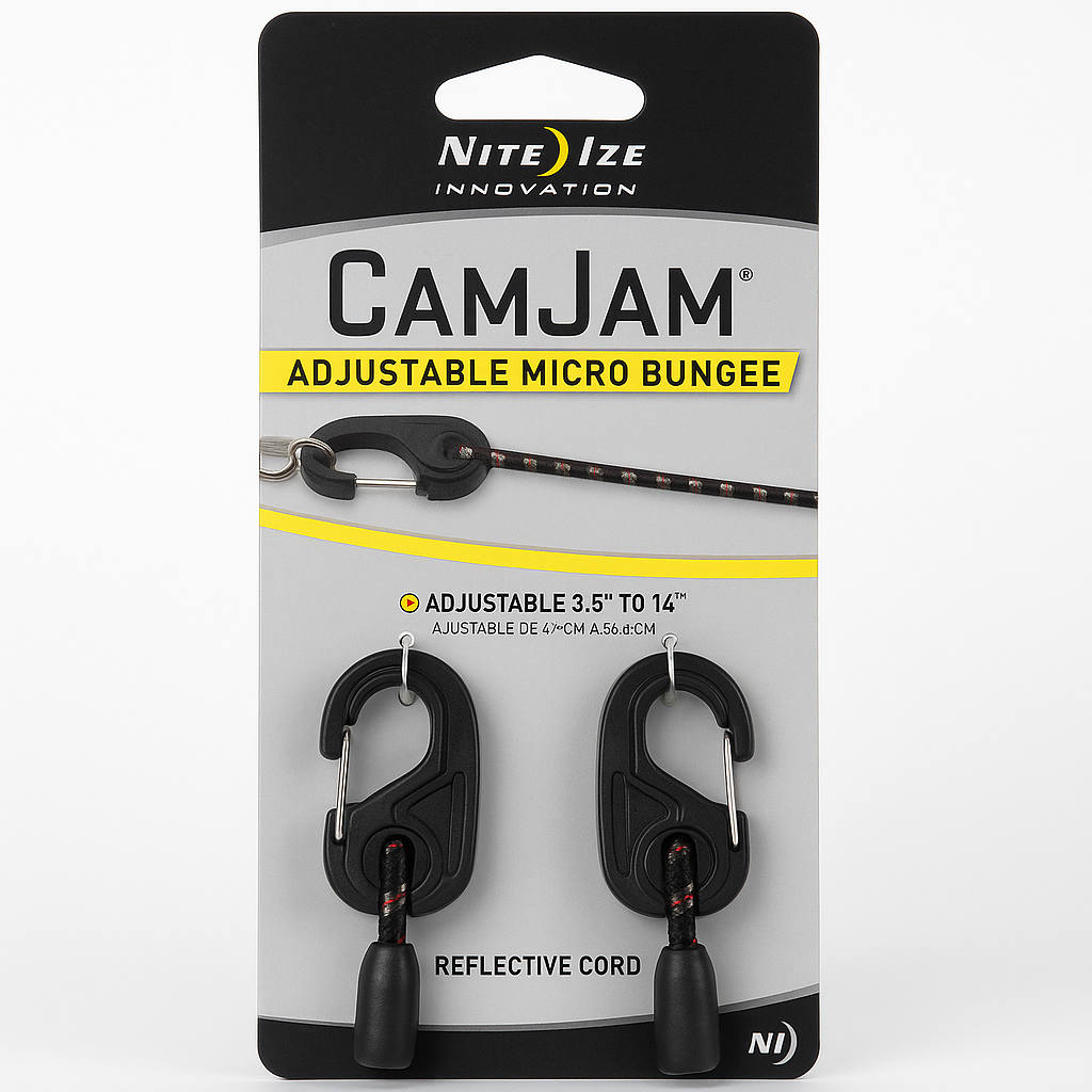 Nite Ize Camjam Adjustable Micro Bungee Cord, Mini Bungee Cord With Camjam Carabiner Ends + Adjustable Length 3.5" - 14"