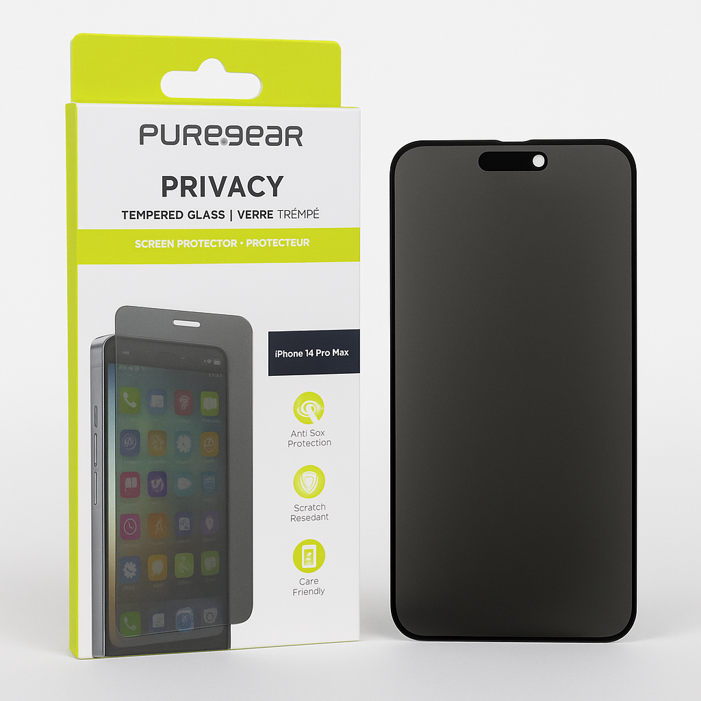 Puregear 2-Way Privacy Tempered Glass Screen Protector Compatible W/ Apple Iphone 14 Pro Max 6.7" (2022), Full Edge-To-Edge Coverage, Self Alignment Installation Tray, Touch Sensitive, Case Friendly, Anti-Fingerprint Coating, Lifetime Replacement, Protect Your Privacy, Conceal Your Screen