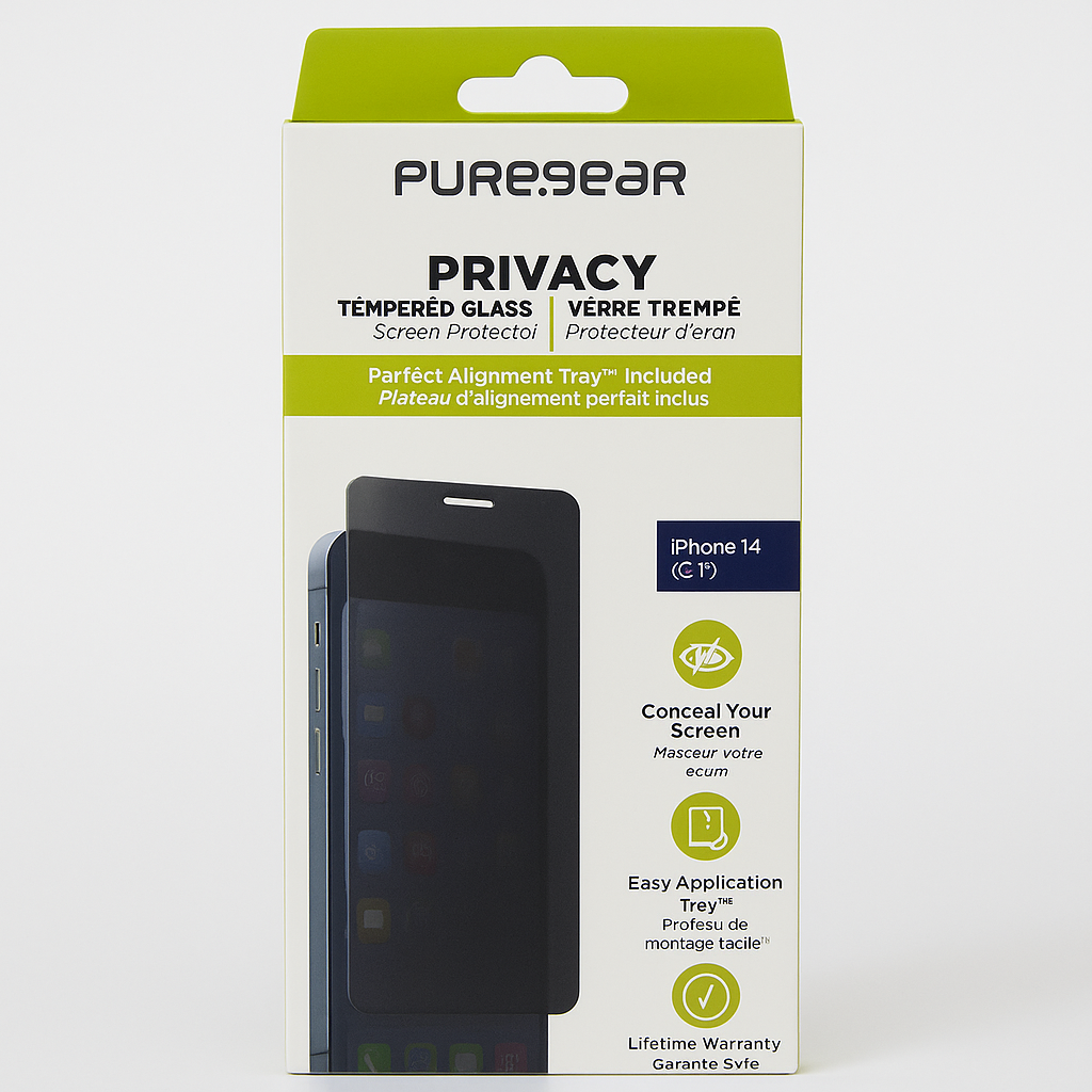 Puregear 2-Way Privacy Tempered Glass Screen Protector Compatible W/ Apple Iphone 14 (2022) 6.1", Self Alignment Installation Tray, Touch Sensitive, Case Friendly, Anti-Fingerprint Coating, Lifetime