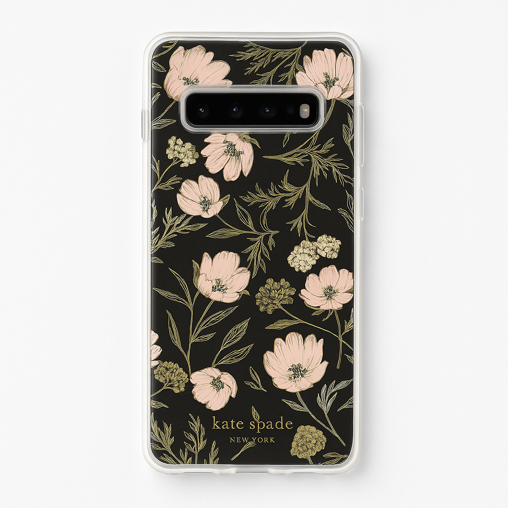Kate Spade New York Phone Case | For Samsung Galaxy S10 Plus | Protective Clear Crystal Hardshell Phone Cases With Slim Floral Design And Drop Protection - Blossom Pink/Gold With Gems