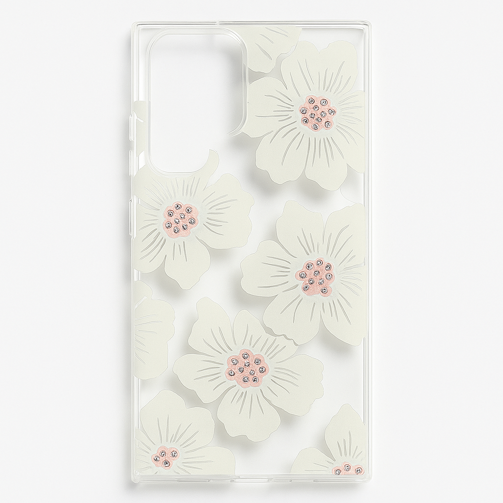 Kate Spade New York Protective Hardshell Case For Samsung Galaxy S22 Ultra - Hollyhock Floral Clear/Cream With Stones