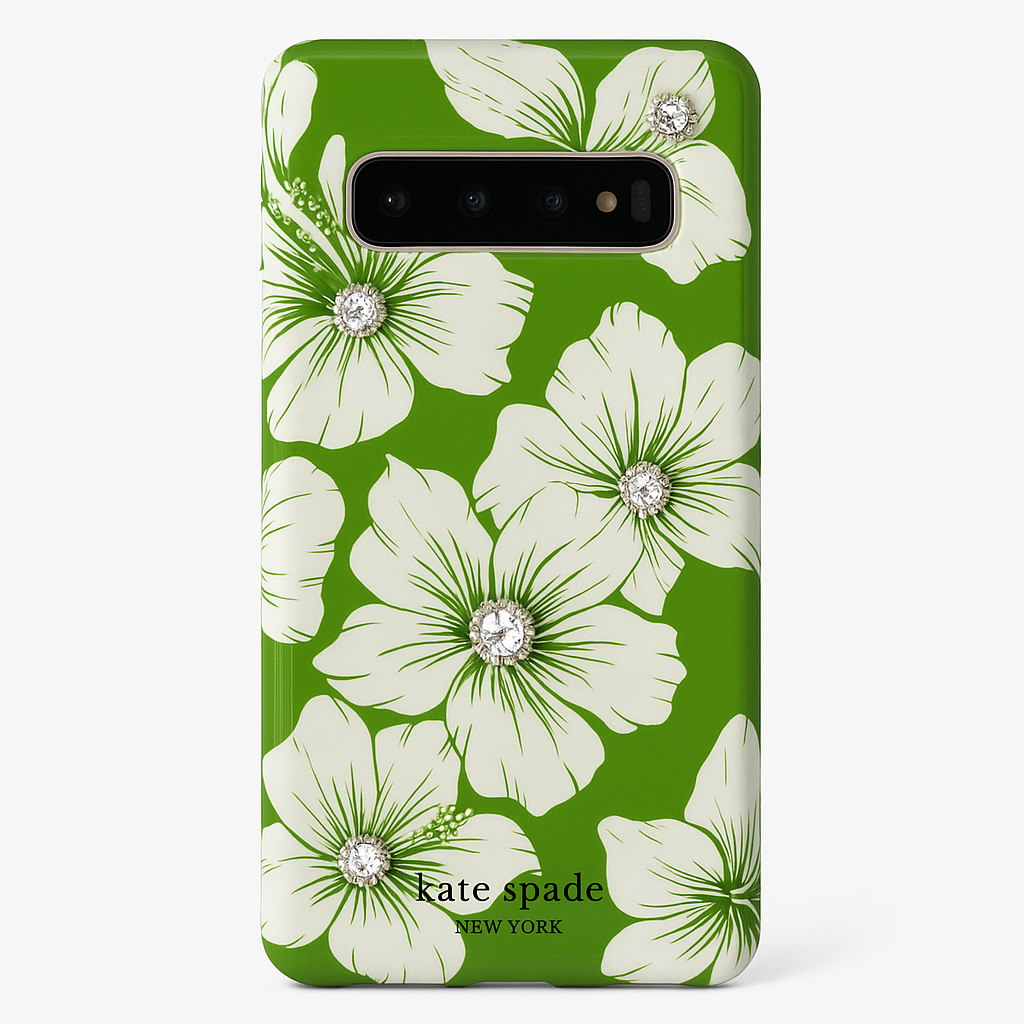Kate Spade New York Phone Case | For Samsung Galaxy S10 | Protective Clear Crystal Hardshell Phone Cases With Slim Design And Drop Protection - Hollyhock Floral Clear/Cream With Stones
