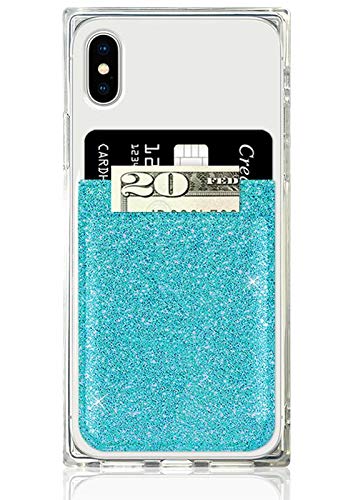 Idecoz Phone Pockets - Stick On Credit Card Wallet - Slim Card Holder - Universal Fit - Apple – Iphone – Samsung – Galaxy - And More. (Turquoise Glitter)
