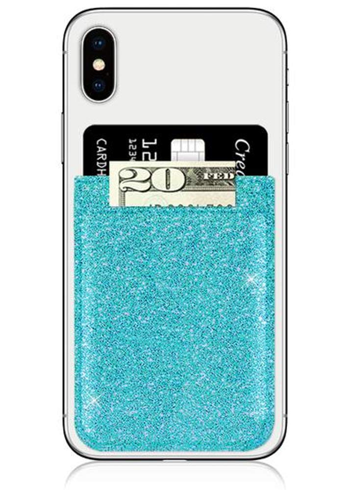 Idecoz Phone Pockets - Stick On Credit Card Wallet - Slim Card Holder - Universal Fit - Apple – Iphone – Samsung – Galaxy - And More. (Turquoise Glitter)